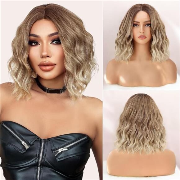 Ombre Blonde Wig for Women Short Wavy Bob wigs 12 inch Synthetic Curly Wig